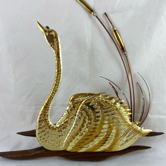 Vintage Swan Bird with Cattails Brass Copper & Wood MCM Wall Art Decor 2 Pieces - Picture 4 of 9